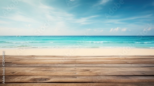 On a tropical beach, a rustic wooden table overlooks the azure sea against a backdrop of clear blue sky.