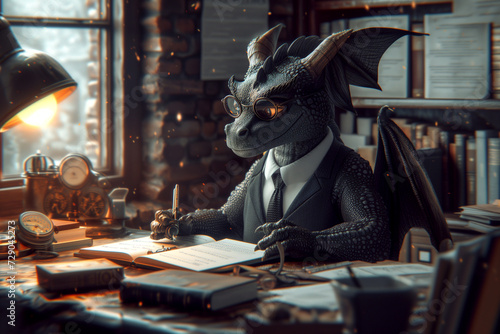 Dragon in an elegant business suit. A modern view of business. Abstract image. Photorealism