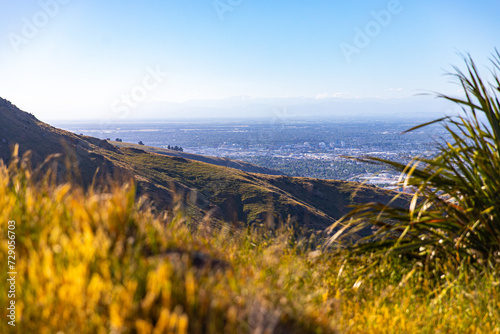 panorama of christchurch city as seen from the gondola summit, bridle path with scenic view of the city, canterbury, new zealand south island