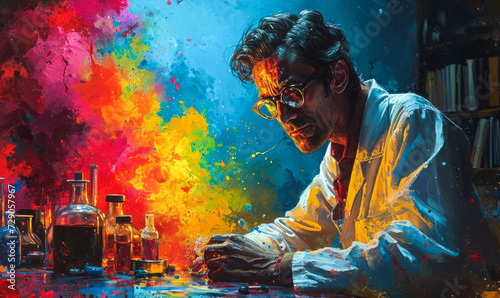 Eccentric scientist with colorful explosive reactions in a vibrant, psychedelic laboratory setting