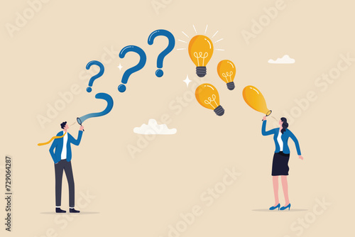 Question and answer, FAQ frequently asked questions, asking and reply to solve problem, help information, solution or q and a session concept, business people with question mark and lightbulb bubble.