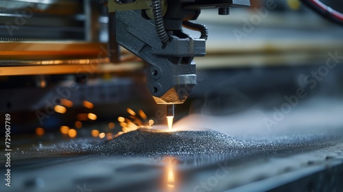 Dynamic 3D metal printing scene with a laser beam melting metal powder, creating sparks and smoke, showcasing cutting-edge manufacturing technology.