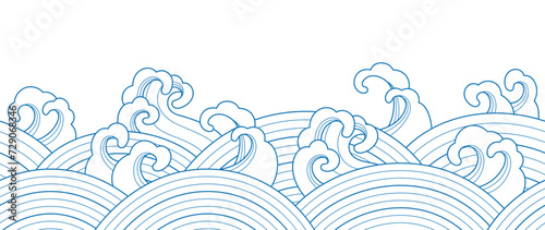 Japanese sea wave background vector. Wallpaper design with blue and white ocean wave pattern backdrop. Modern luxury oriental illustration for cover, banner, website, decor, border.