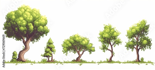 Set of charming pixel art trees with vibrant green canopies and textured trunks, perfect for a nostalgic game environment.