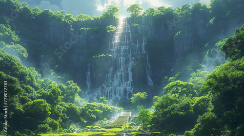 Majestic Waterfall in Lush Green Forest with Sunlight and Mist