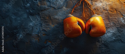 pair of well-worn orange vintage boxing gloves hanging on a textured dark wall, symbolizing strength and perseverance