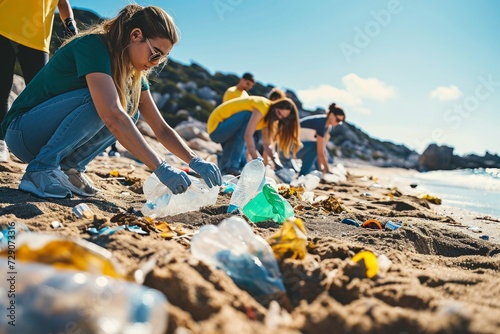 Group of eco volunteers picking up plastic trash on the beach - Activist people collecting garbage protecting the planet - Ocean pollution, environmental conservation and ecology, Generative AI