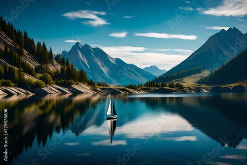 A lone sailboat peacefully gliding across the reflective surface of a crystal-clear mountain lake.