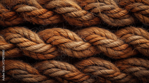 Close-up of thick, intertwined sisal ropes with a focus on texture and pattern, suitable for concepts of strength, connection, or nautical themes