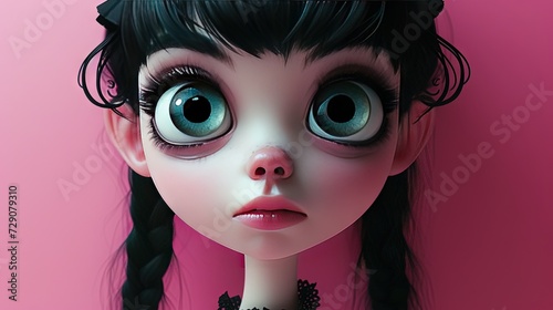 Adorable goth girl on pink background in modern 3D rendered animation style