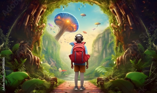 Child with backpack and VR ilustration background