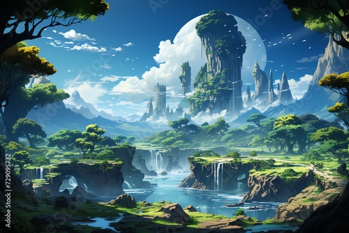 A surreal landscape with floating islands, anime style