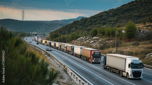Caravan or convoy of trucks in line on a country highway