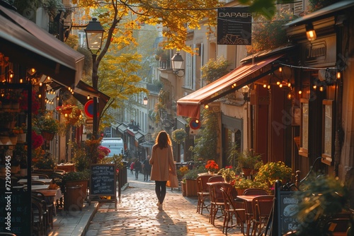 A glimpse of a classic Parisian street with a quaint caf√© and a lady strolling in the early hours.