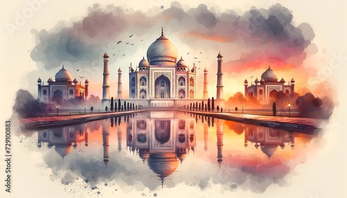 Watercolor style illustration of the taj mahal during sunset with reflection in water.