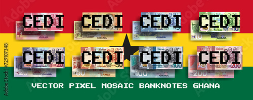 Vector set of pixel mosaic banknotes of Ghana. Collection of notes in denominations of 1, 2, 5, 10, 20, 50, 100 and 200 cedi. Obverse and reverse. Play money or flyers.
