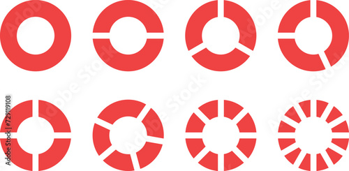 Sliced circle. Fractions pie divided for math. Red circle pie with pieces. Segment slice set. Vector illustration