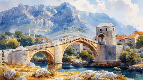 Watercolor painting of old stone bridge