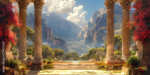 A Roman-style outdoor pool with a mountainous backdrop Generative AI