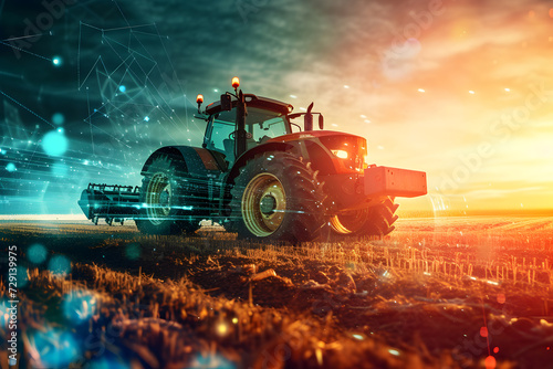 Technology in argiculture concept - modern tractor in the field with neural network