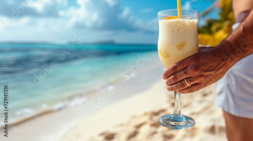 Man relaxing with pina colada cocktail on tropical paradise beach, sunny summer day, copy space