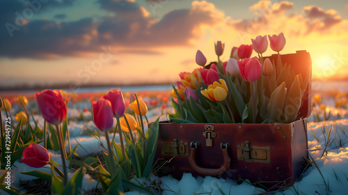 Vintage suitcase with colorful tulip flowers and blooms lying on the meadow with the rests of the melting snow and grass growing. Concept of spring coming and winter leaving.