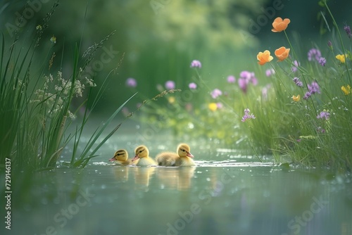 Fluffy ducklings glide on a pond amid Easter daisies, bathed in the warm glow of a spring sunrise. Easter photography background. Generative AI