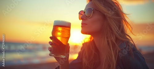 Beautiful woman savoring a beer on a paradise beach on a warm summer day with copy space