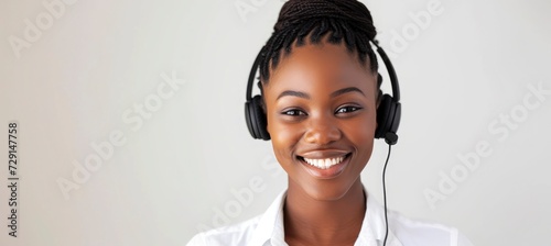 a black woman smiling wearing headphone as a customer service, against white background