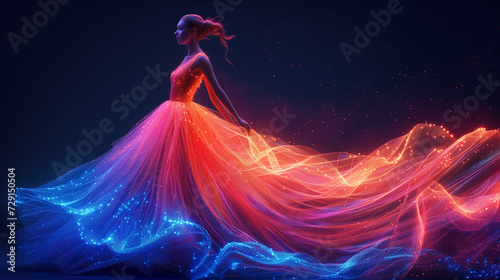 Creative graphics generative ai collage illustration of stunning gorgeous person in elegant neon light dress