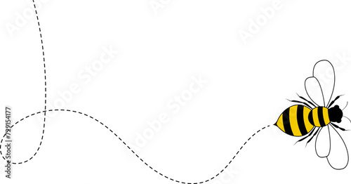 Flying bee route. Cartoon bee icon. Bee flying on a dotted route isolated on the white background. Vector illustration