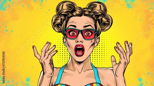 Pop Art illustration of a surprised young attractive woman with hands up and open mouth with text space