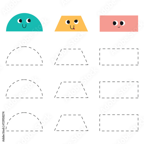 Handwriting practice for kids. Trace worksheet with shapes. Semicircle, trapeze and rectangle