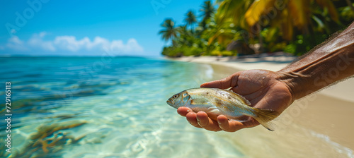 A man fishes on the tropical beach background, vacation time