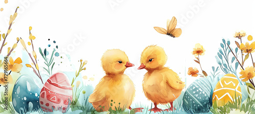 banner of watercolour illustration of little ducks with easter eggs