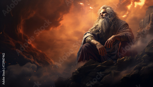 Recreation of a old man with white hair as God creator of the universe 