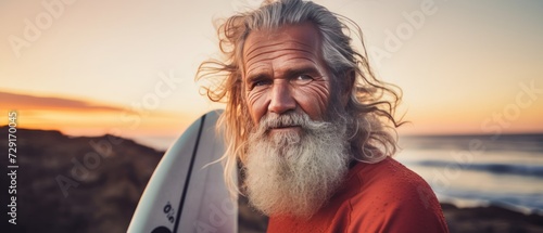Portrait of senior man with surfboard on the beach at sunset. Sport concept. Vacation and Travel Concept with Copy Space.