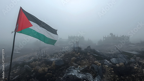 Palestinian flags in the rubble, demonstrating resilience and spirit amidst challenges.