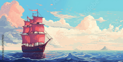Pirate Ship Sailing over seas