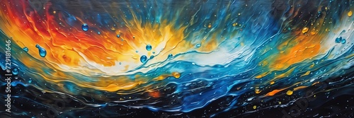 abstract painting with swirling colors of blue, orange, and yellow. The paint appears to be in motion, with droplets and splashes creating a dynamic effect
