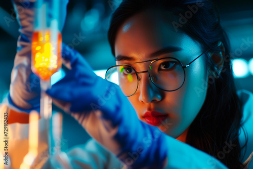 Asian female scientist holding a test tube with a solution in gloves in a research lab or doing chemical experiments