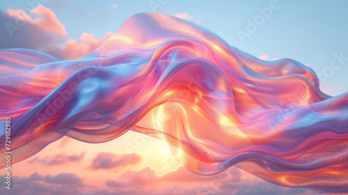 3D abstract silk cloth 3D futuristic cyberpunk hyper realism detailed isolated on sunset sky, colorful reflective holographic flow silk gold iridescence glowing on landscape background.