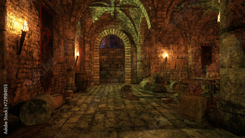 Dark gloomy dungeon in an old medieval castle lit by flaming torches. 3D illustration.