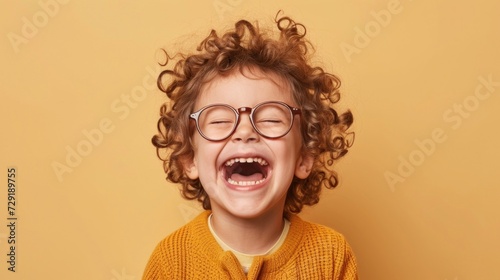 A joyful child with curly hair and glasses wearing a yellow sweater laughing heartily against a warm yellow background.