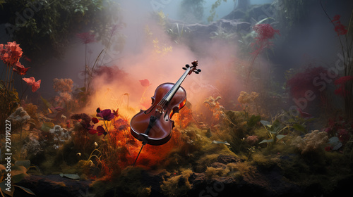 violin in floral garden setting with fog