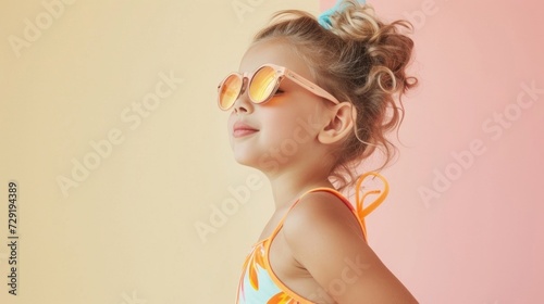"A young girl with a playful expression wearing a vibrant orange and yellow swimsuit and oversized sunglasses with a pinkish hue set against a soft warm-toned backgrou nd."