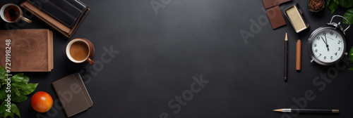 Equipment, Office leather workspace with office supplies and copy space on dark background. Top view