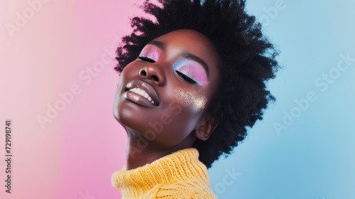 Beautiful afro lady donning pastel hues, glittery makeup, and a beaming expression.