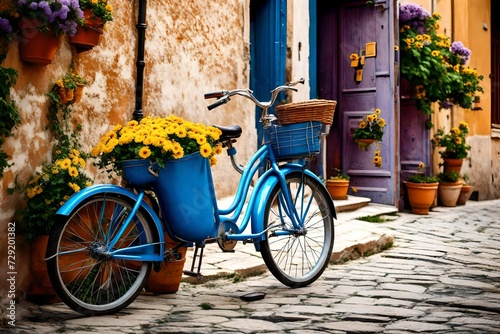 Blue bike with purple and yellow flowers on the streets of Rovinj