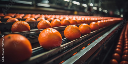 Agricultural, Row of Oranges on a conveyor belt.